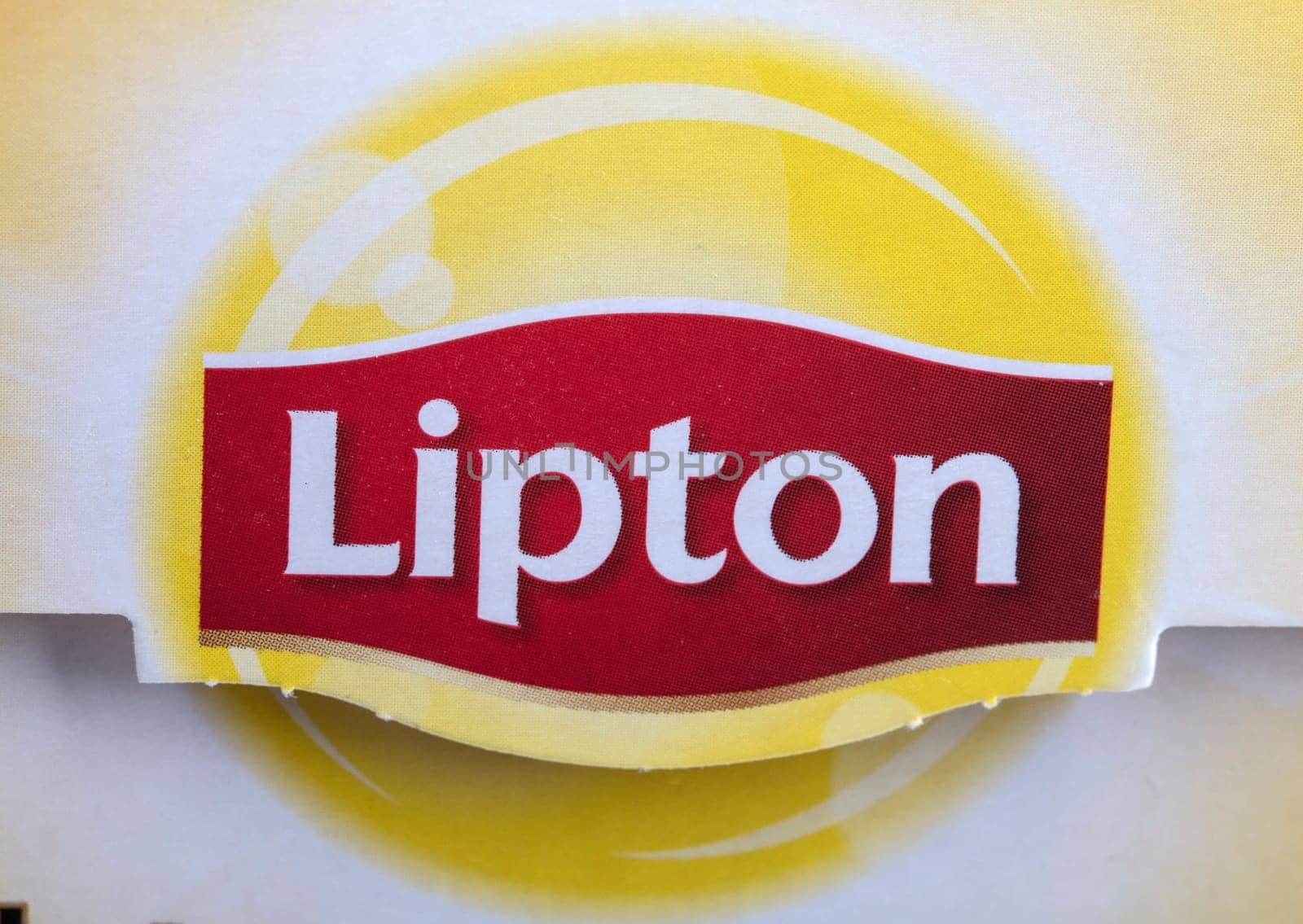 WETZLAR, GERMANY - 2020-08-19 Detail from Lipton Tea on a Box. Studio shot, isolated on white background.