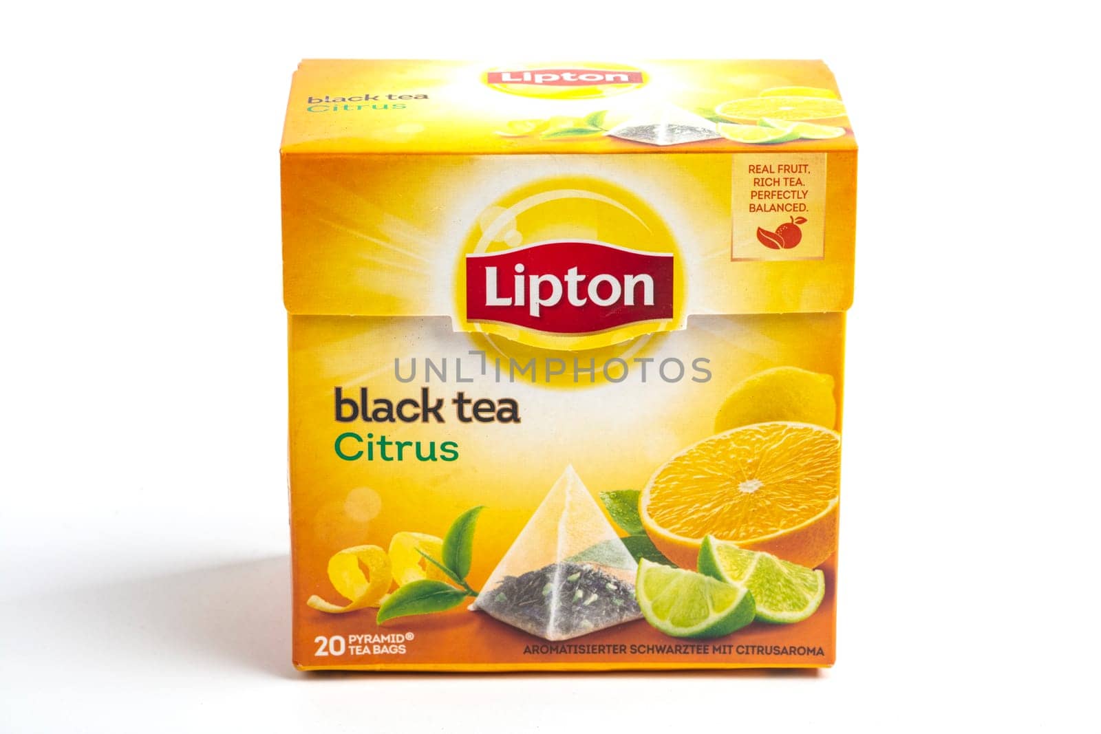 WETZLAR, GERMANY - 2020-08-19 Box of Black Tea Citrus. Studio shot, isolated on white background.