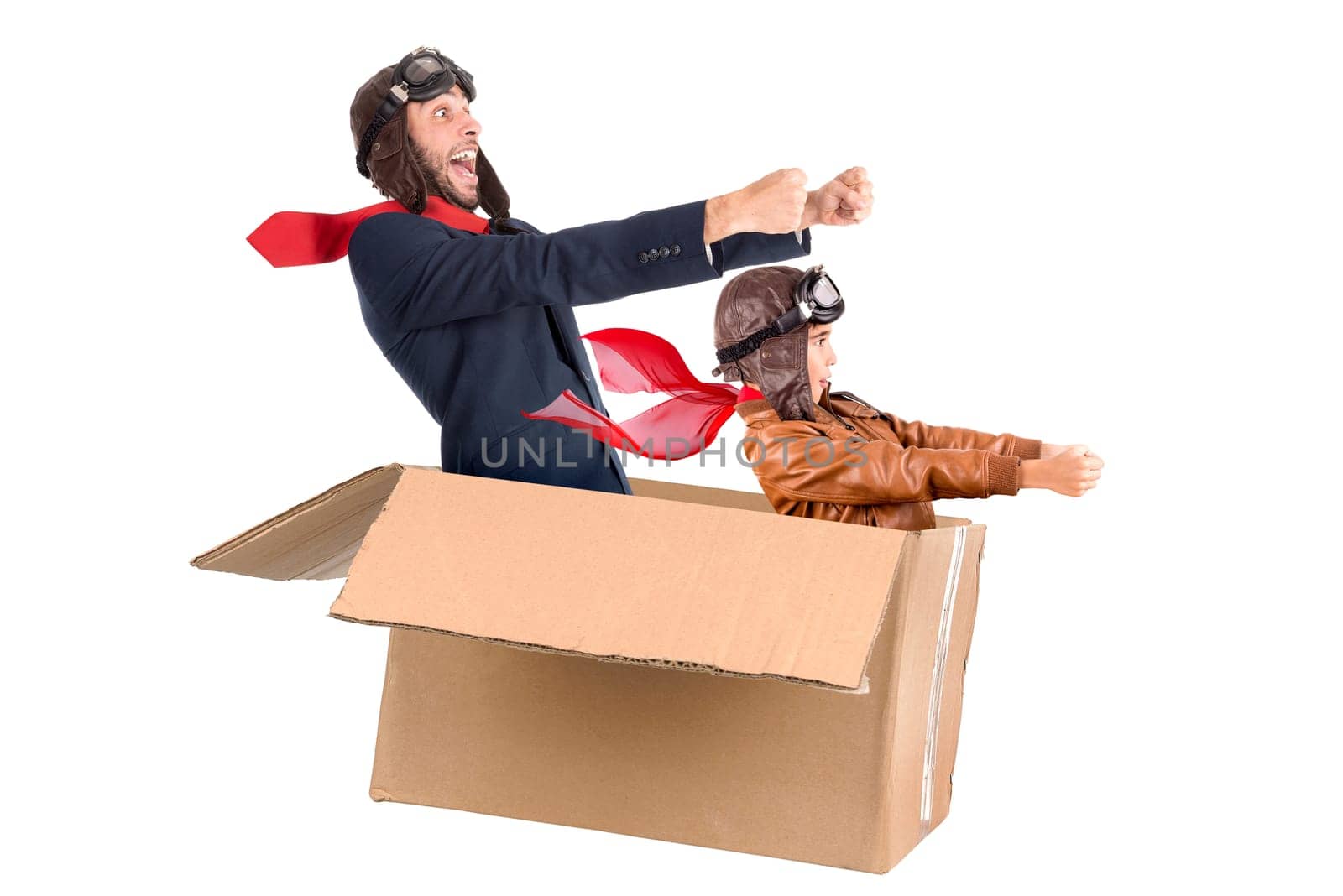 Man and kid flying in a carboard box isolated in white