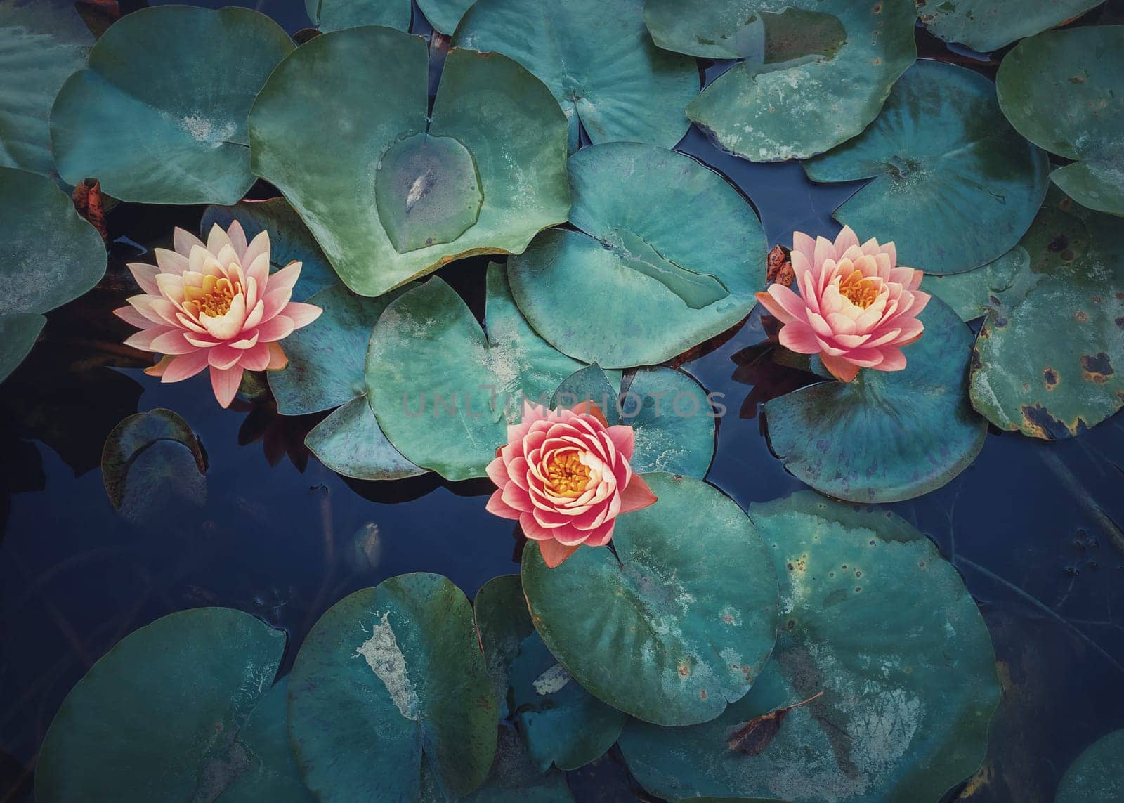 Close up high angle view to a mystic pond with blooming coral pink water lilies. Magical background with blossoming three lotus flowers on the lake surface, surrounded by big blue leaves on the water.