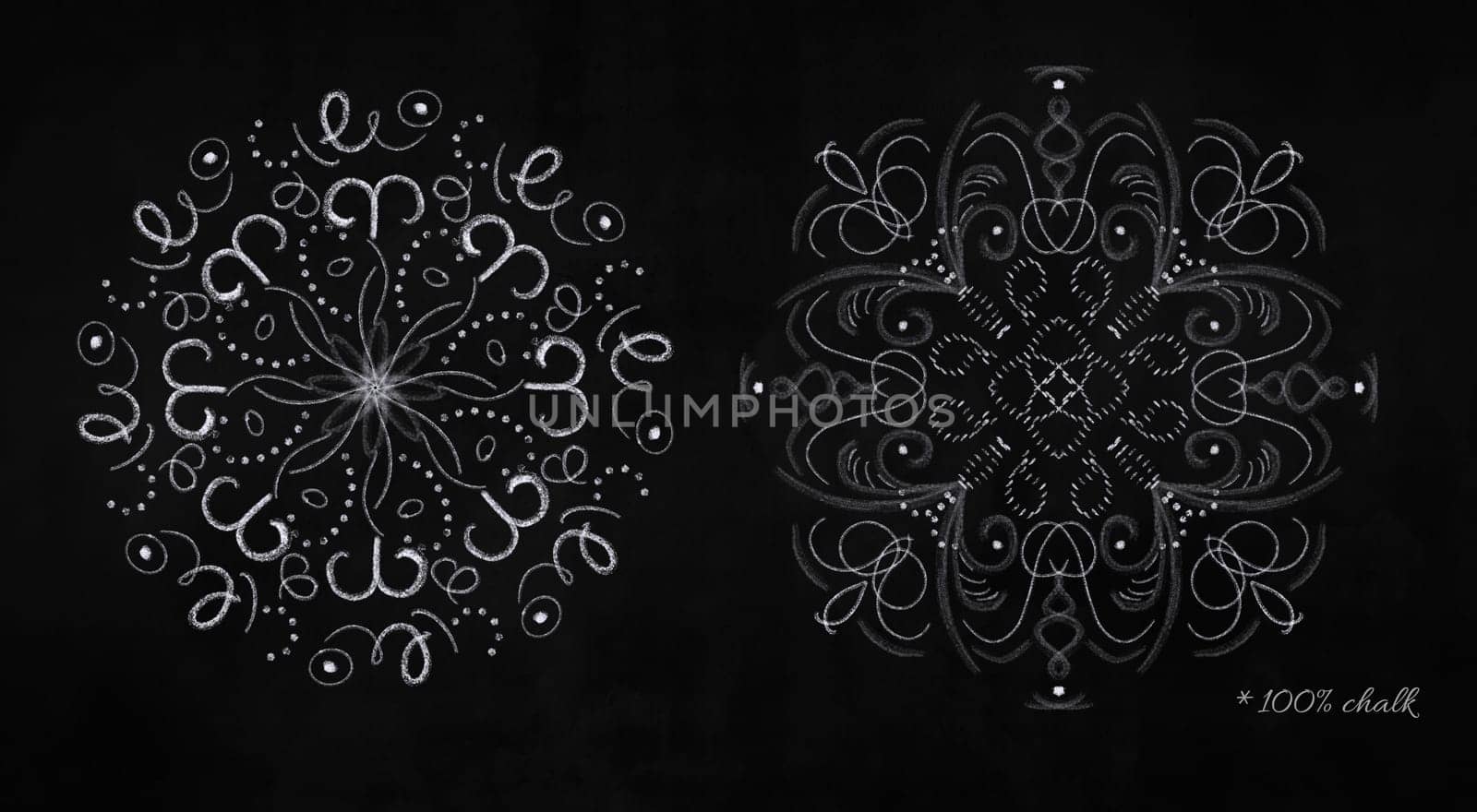 Set of white round chalk snowflakes on black chalkboard