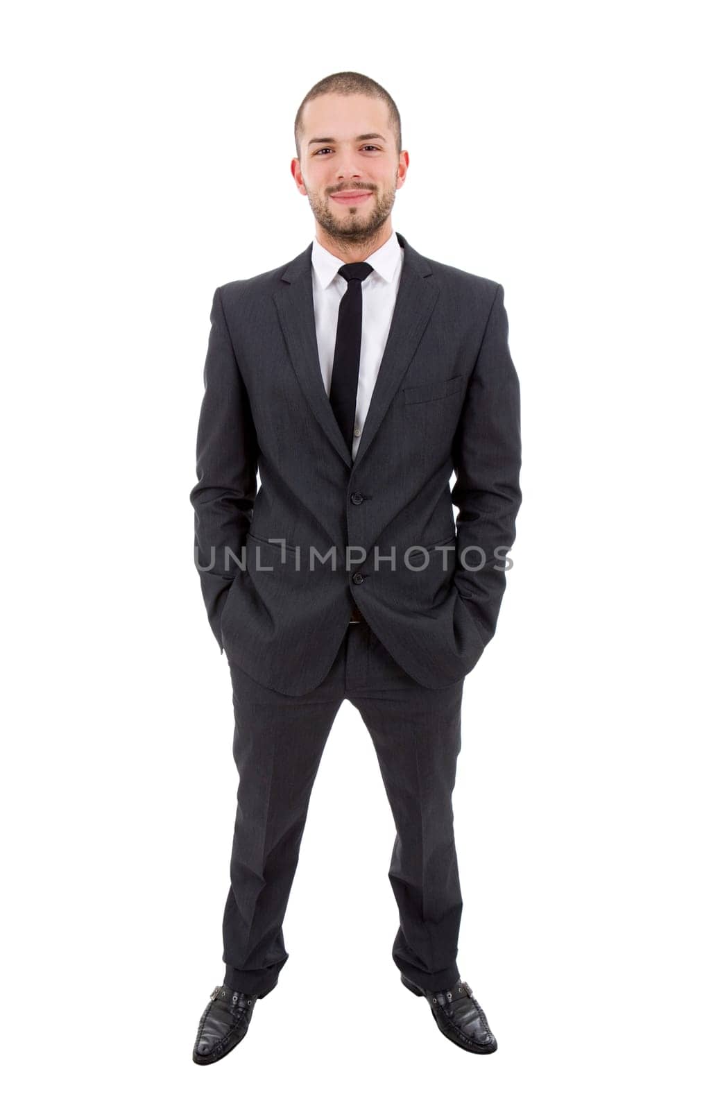 happy young businessman full length, isolated on white