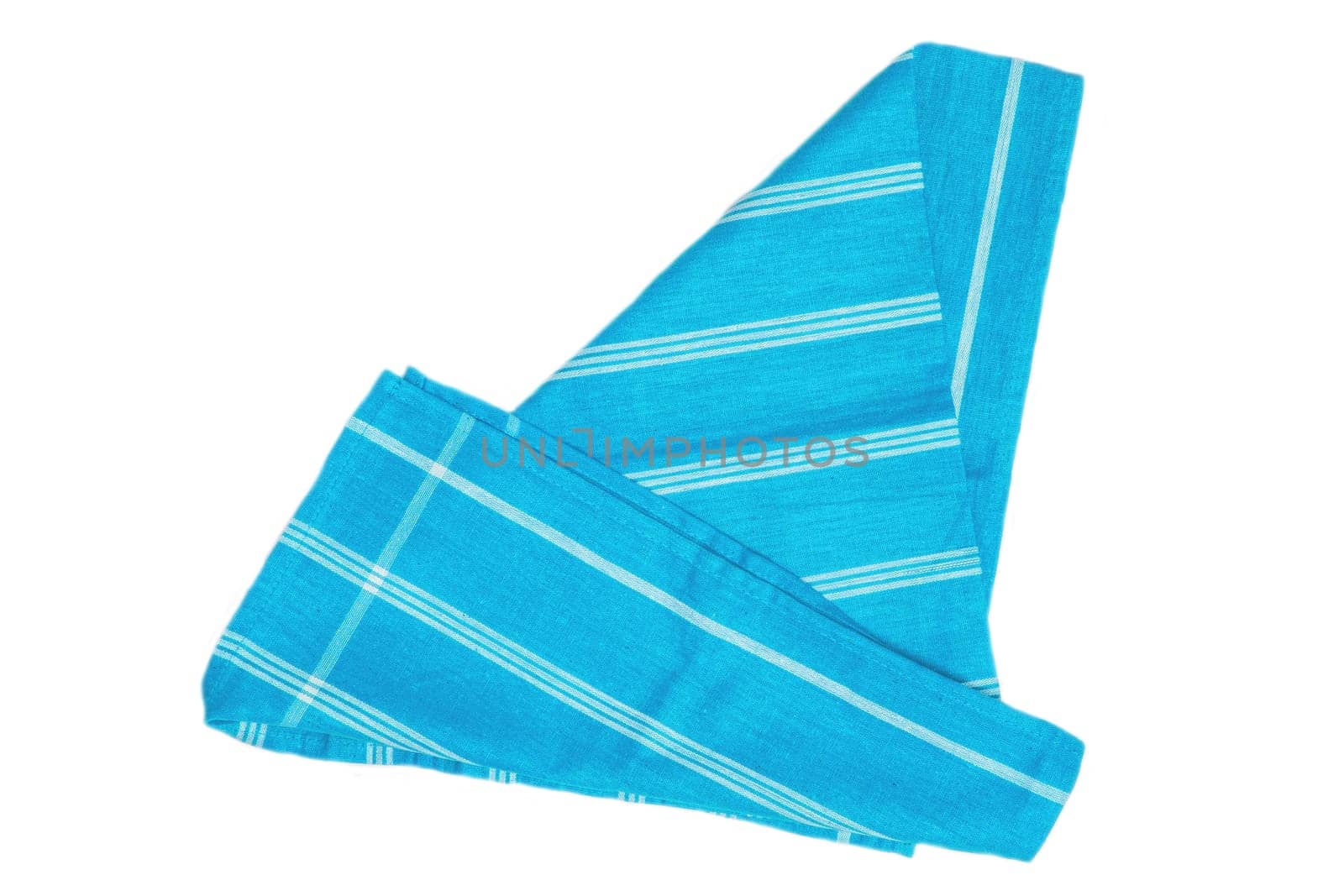 Table cloth isolated. Close-up of blue and white striped napkin or picnic tablecloth texture isolated on a white background. Kitchen towel.