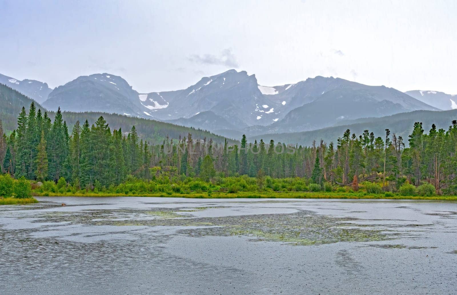 Viewing the High Peaks on a Rainy Day in the Mountains in Rocky Mountain National Park in Colorado