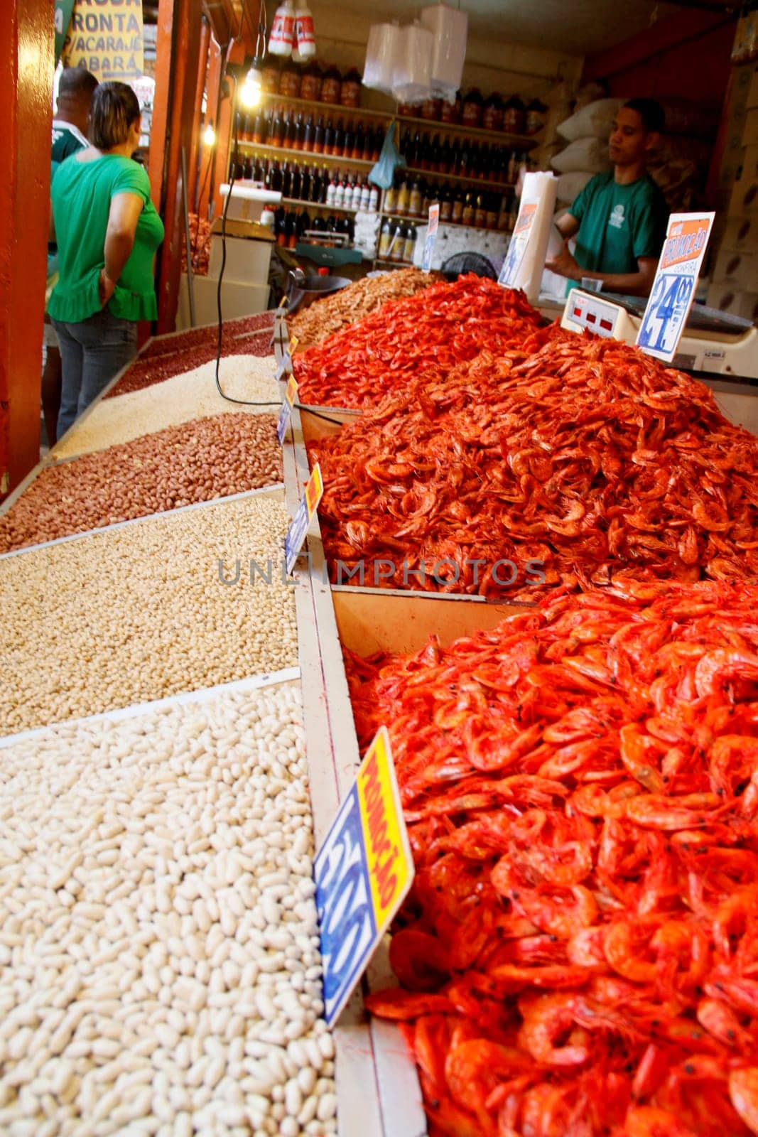 salvador, bahia / brazil - december 210, 2019: Dried shrimp sold at the Sao Joaquim Fair in the city of Salvador.