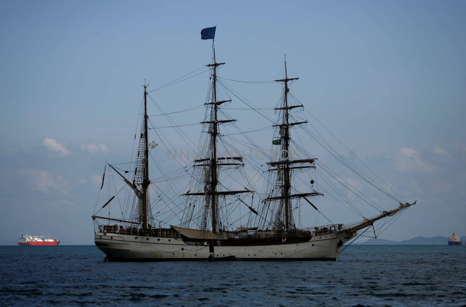 salvador, bahia / brazil - october 26, 2014: sailing ship is seen stopped in waters of Baia de Todos os Santos in the city of Salvador.