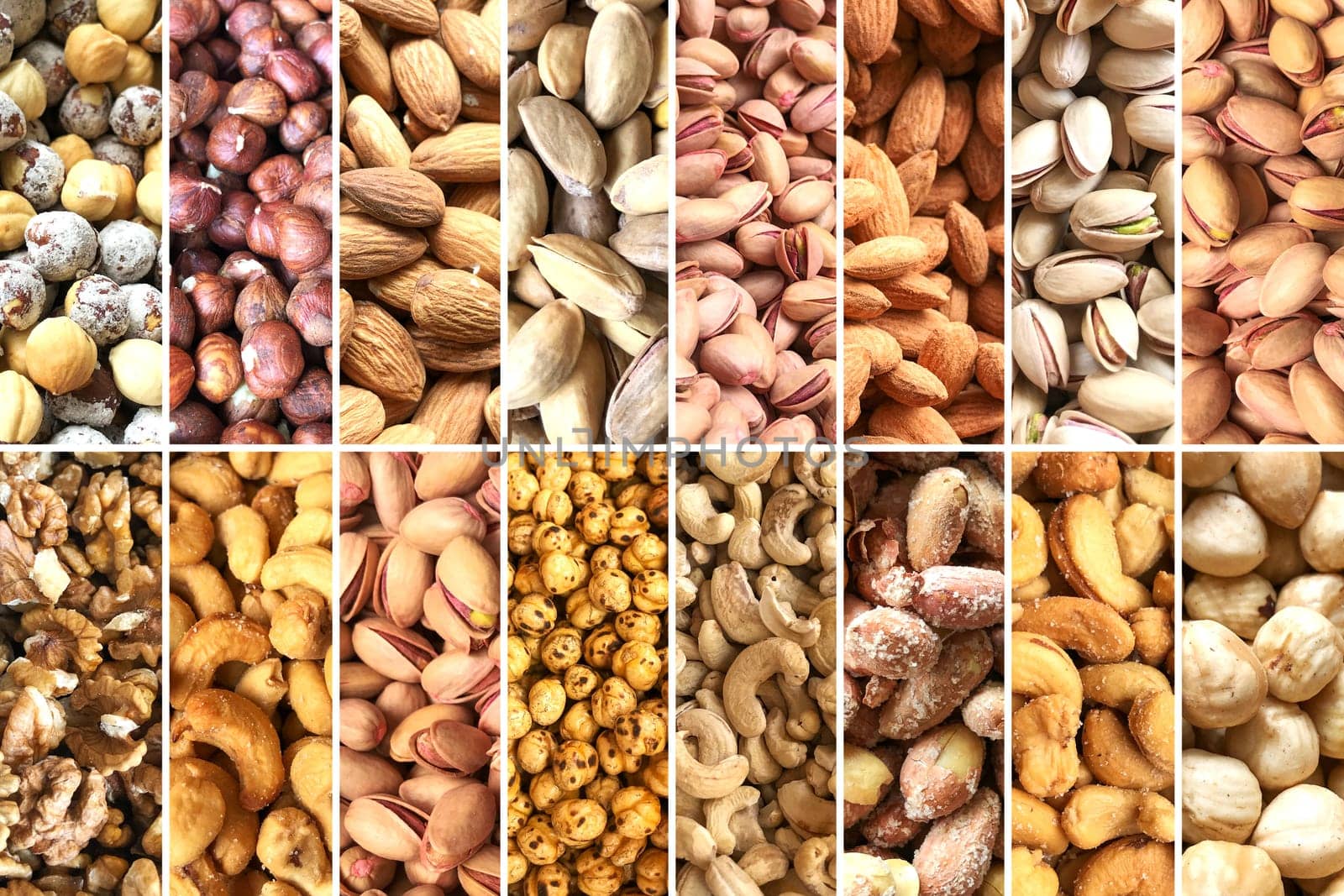 Collage Of Photos With Healthy Organic Mixed Nuts. Collection Of Healthy Fresh Food Backgrounds.
