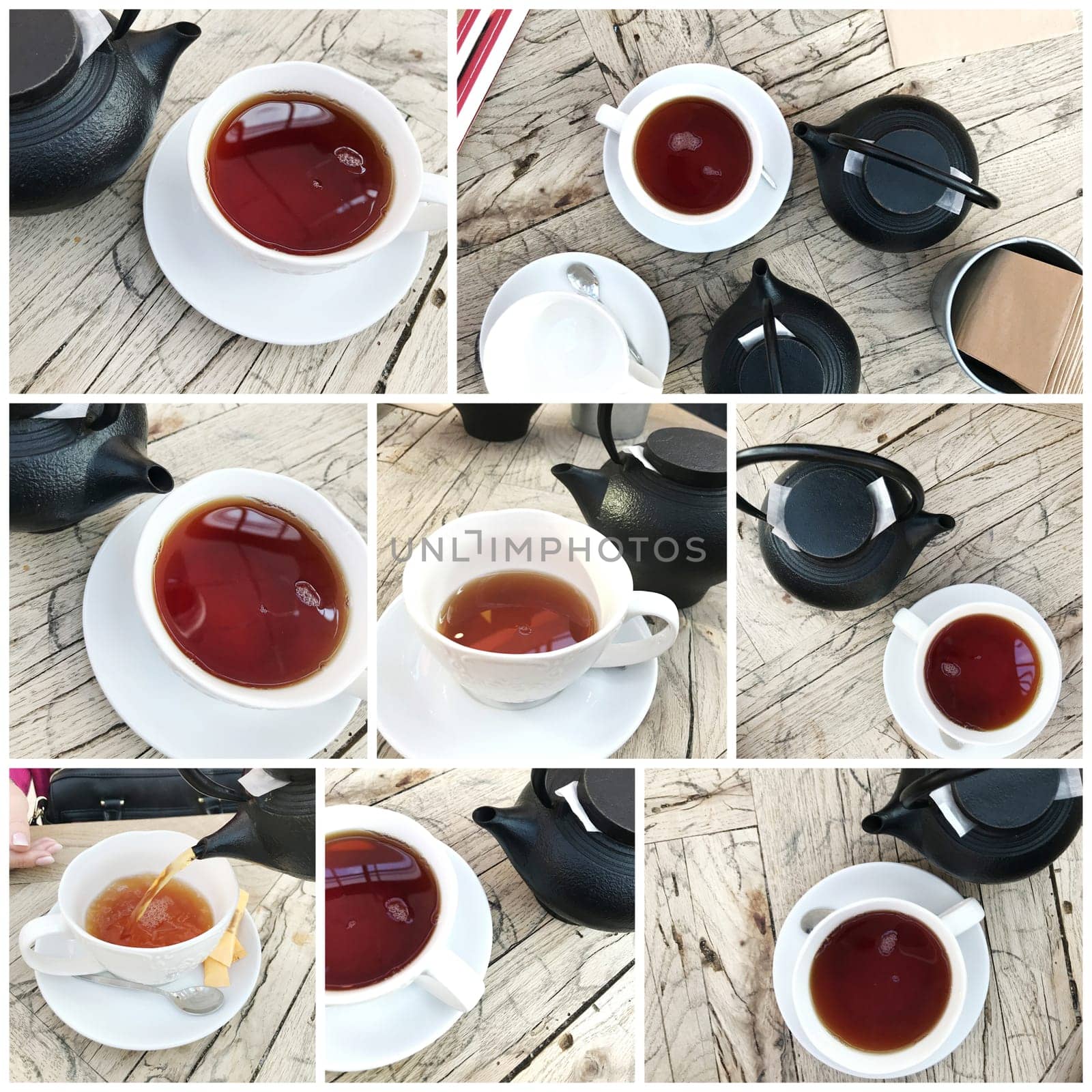 Teapot Pouring Drink In Cup On Table. Pouring Tea British Style. Kettle Pouring Tea In Cup.
