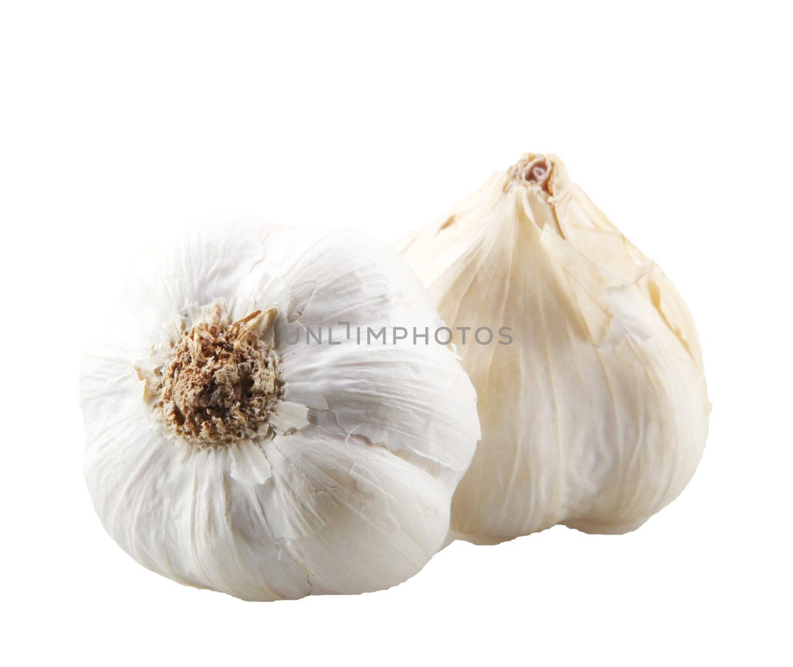 Close-Up Of Garlic Bulbs Against White Background.