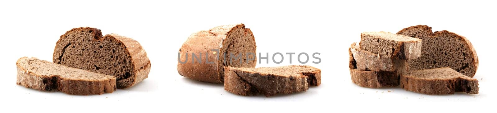 Fresh black sliced bread on white background. Rye bread is a type of bread made with various proportions of flour from rye grain.