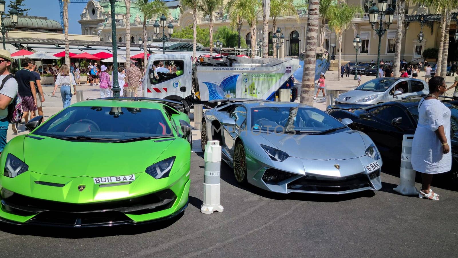 Monte-Carlo, Monaco - August 8, 2020: Lamborghini Aventador And Lamborghini Huracan, Two Luxurious Supercars Parked On The Casino Square In Monte-Carlo, Monaco, Europe .