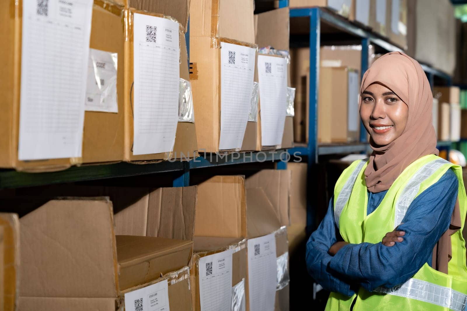 Portrait of Islam Muslim female warehouse worker crossed arm in front of product shelf with stock card in warehouse distribution environment. For business warehouse inventory and logistic concept.