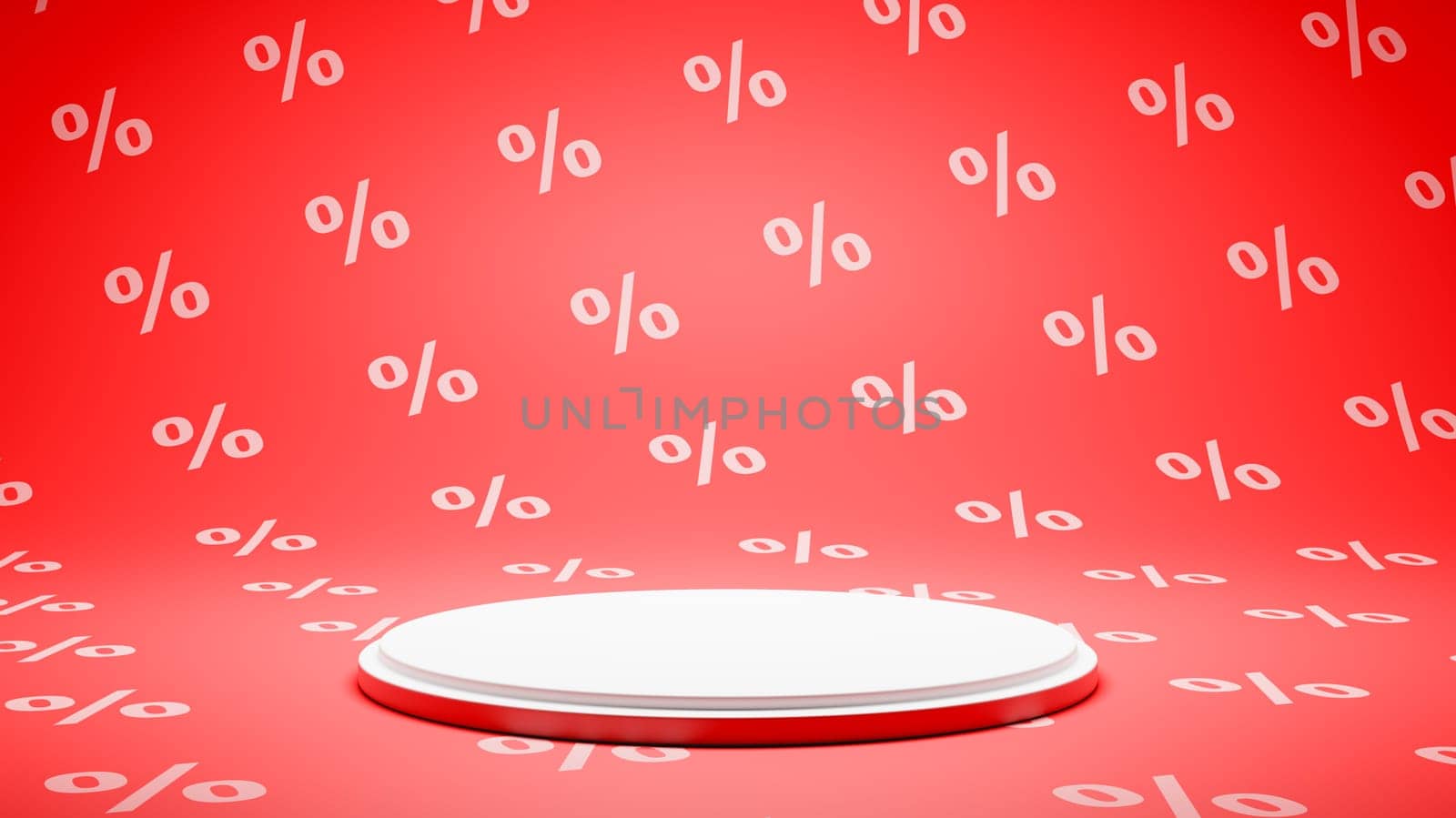 Empty White Platform on Red and White Percent Sign Pattern Studio Background 3D Render Illustration