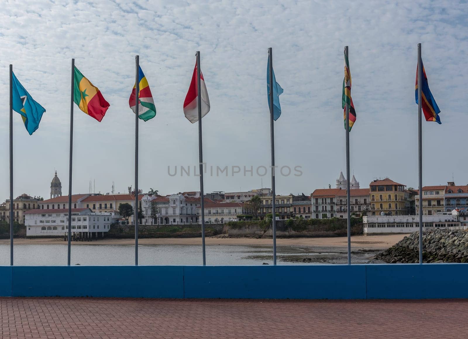 View from the flagged coastal ring road to the old town of panama city