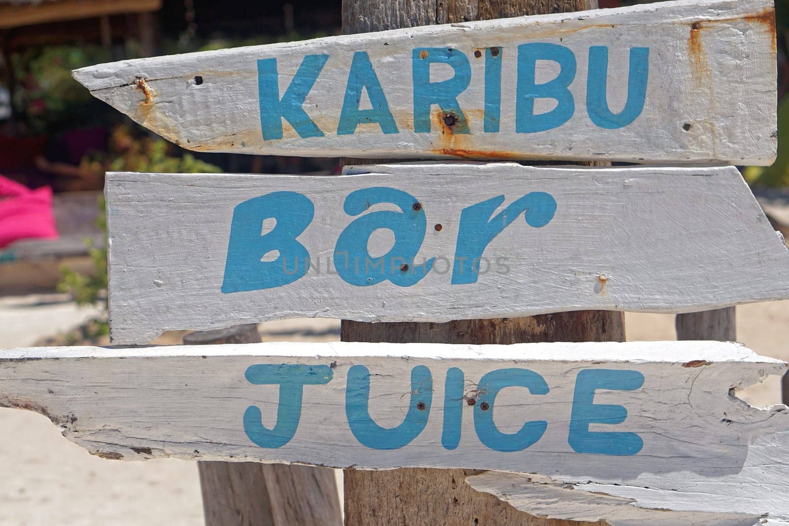 Zanzibar, Tanzania - July 17, 2017: Karibu bar juice sign in Zanzibar, Tanzania.