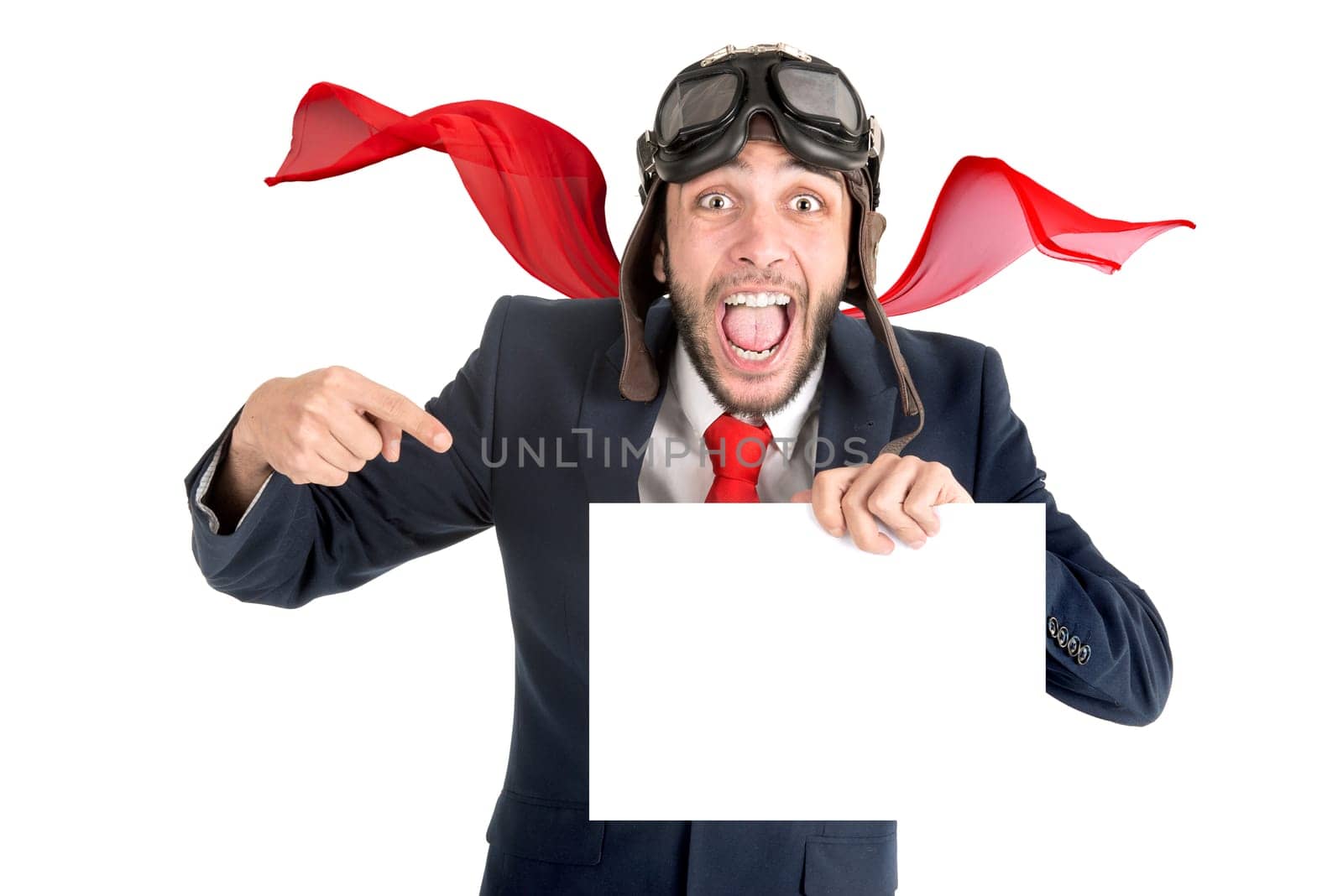Businessman with pilot goggles and white board isolated in white