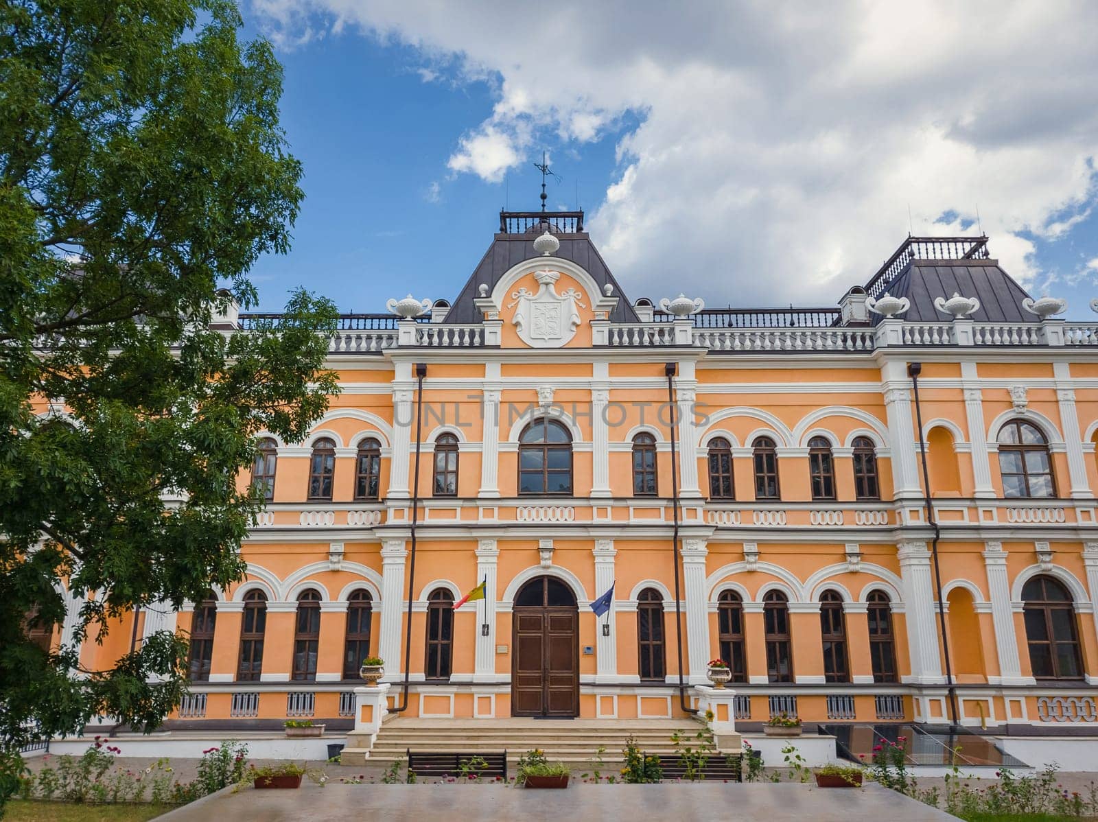The Manuc Bei mansion, an architectural, culture and historic complex with museum, winery and other edifices located in Hincesti city, Moldova. Manuc Bey palace facade and yard in a sunny summer day..
