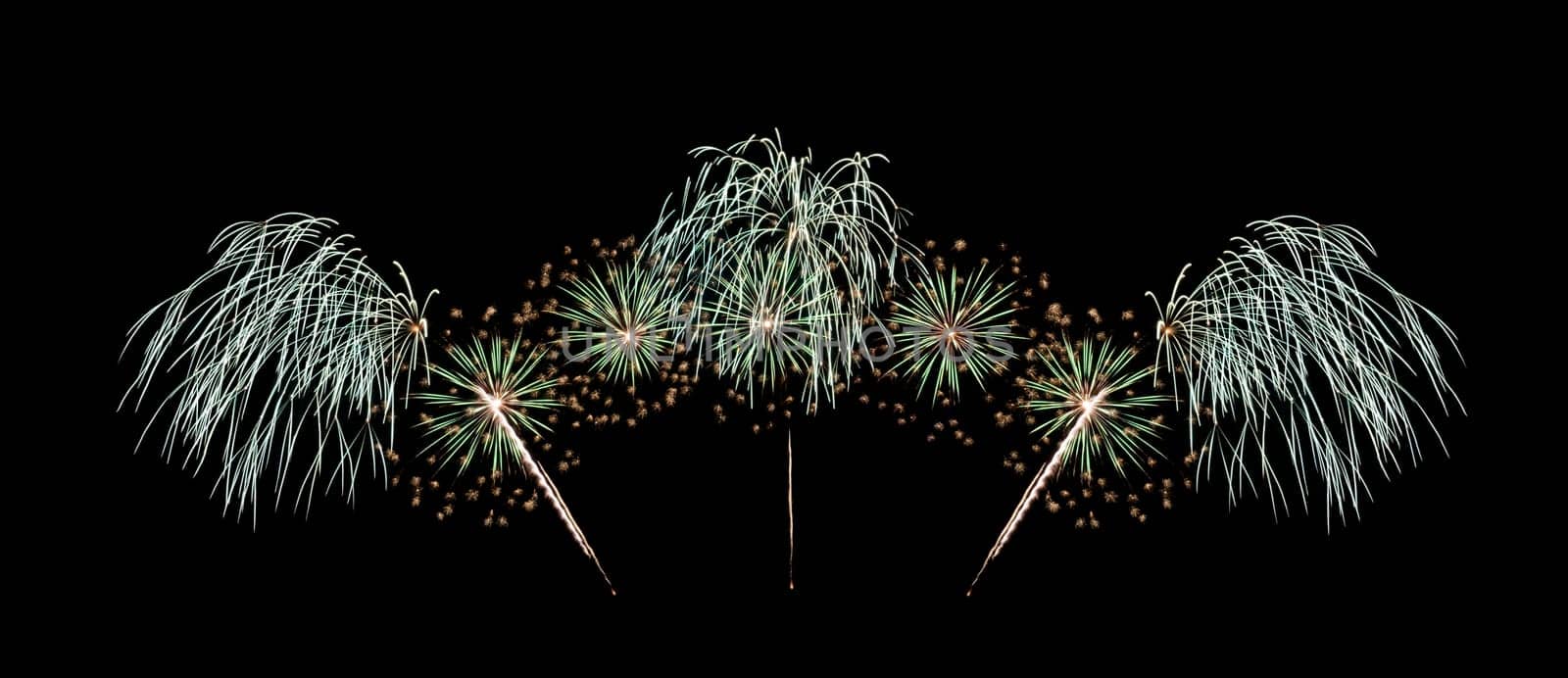 Beautiful green fireworks display isolated on black background for celebration and anniversary