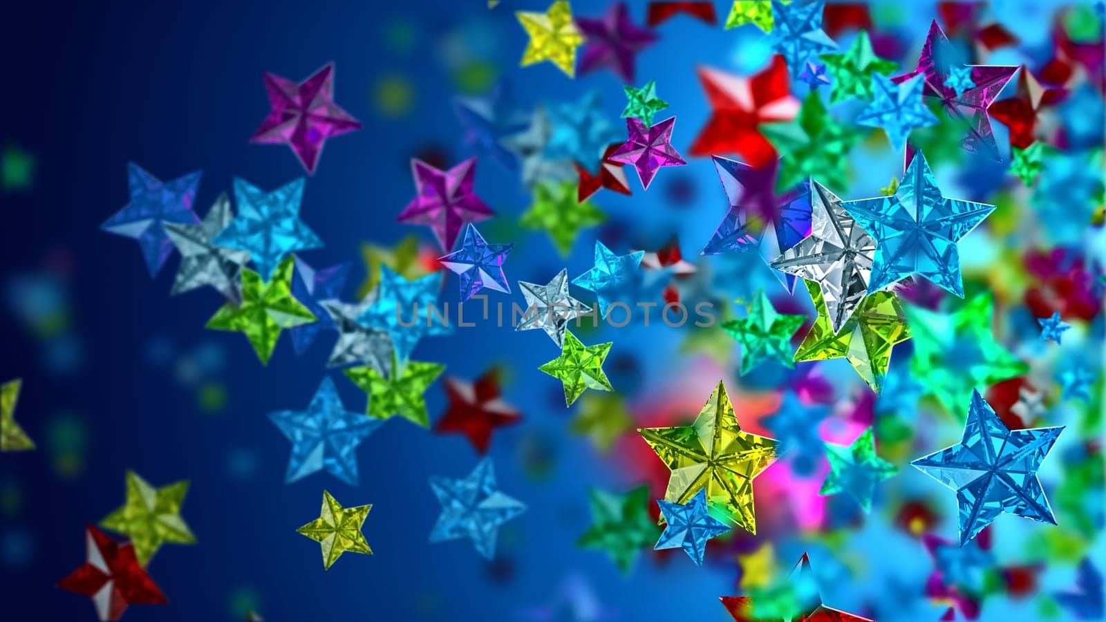 Glistening colourful glossy glass stars on the blue backdrop for any celebration or festive background, looks as luxury brilliants, rubies, sapphires and other gems