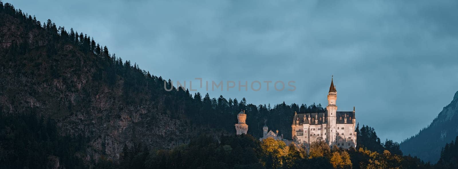 Beautiful view of world-famous Neuschwanstein Castle, the nineteenth-century Romanesque Revival palace built for King Ludwig II on a rugged cliff near Fussen, southwest Bavaria, Germany, Europe