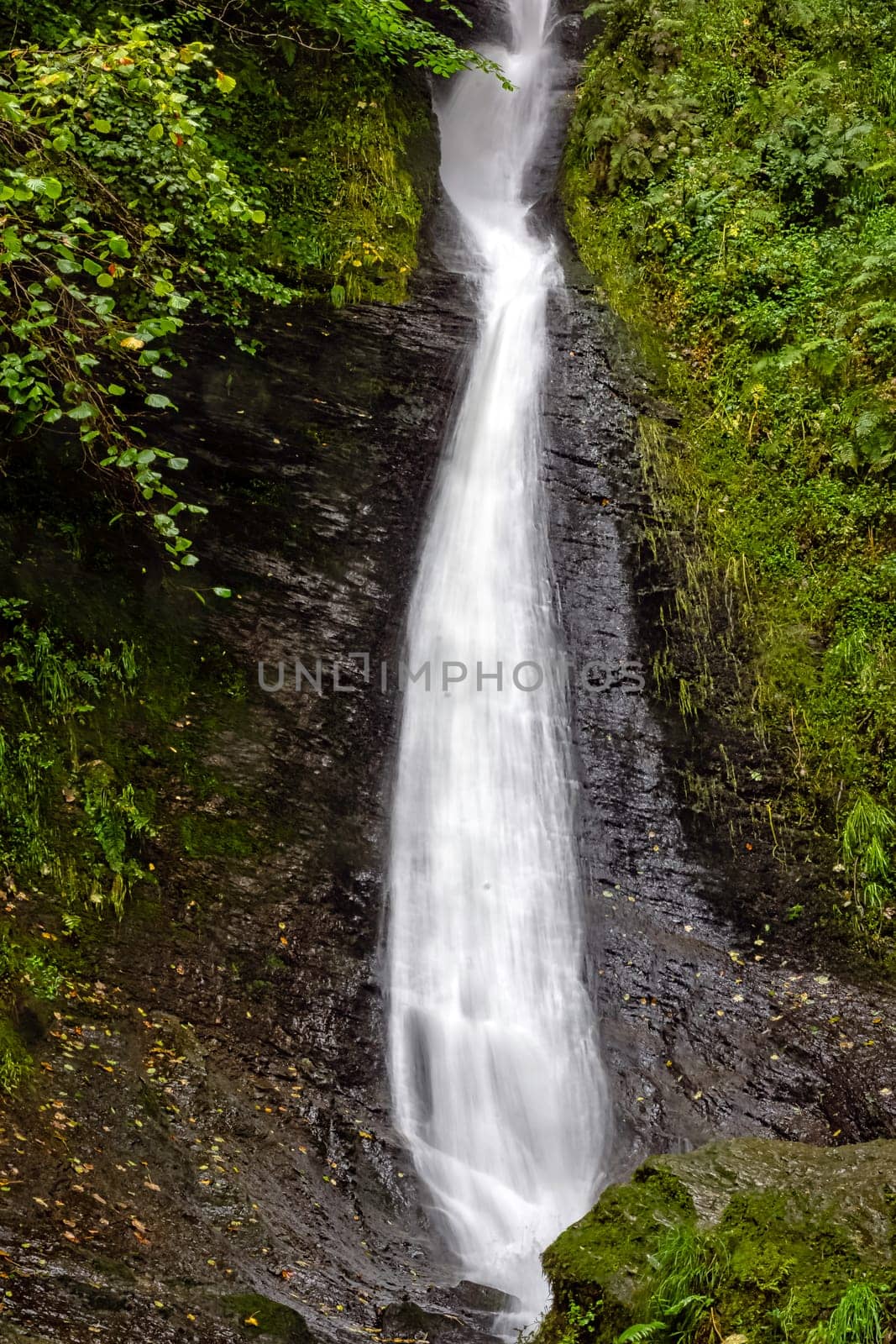 Whitelady waterfall in rain - Lydford, Dartmoor National Park, Devon, United Kingdom
