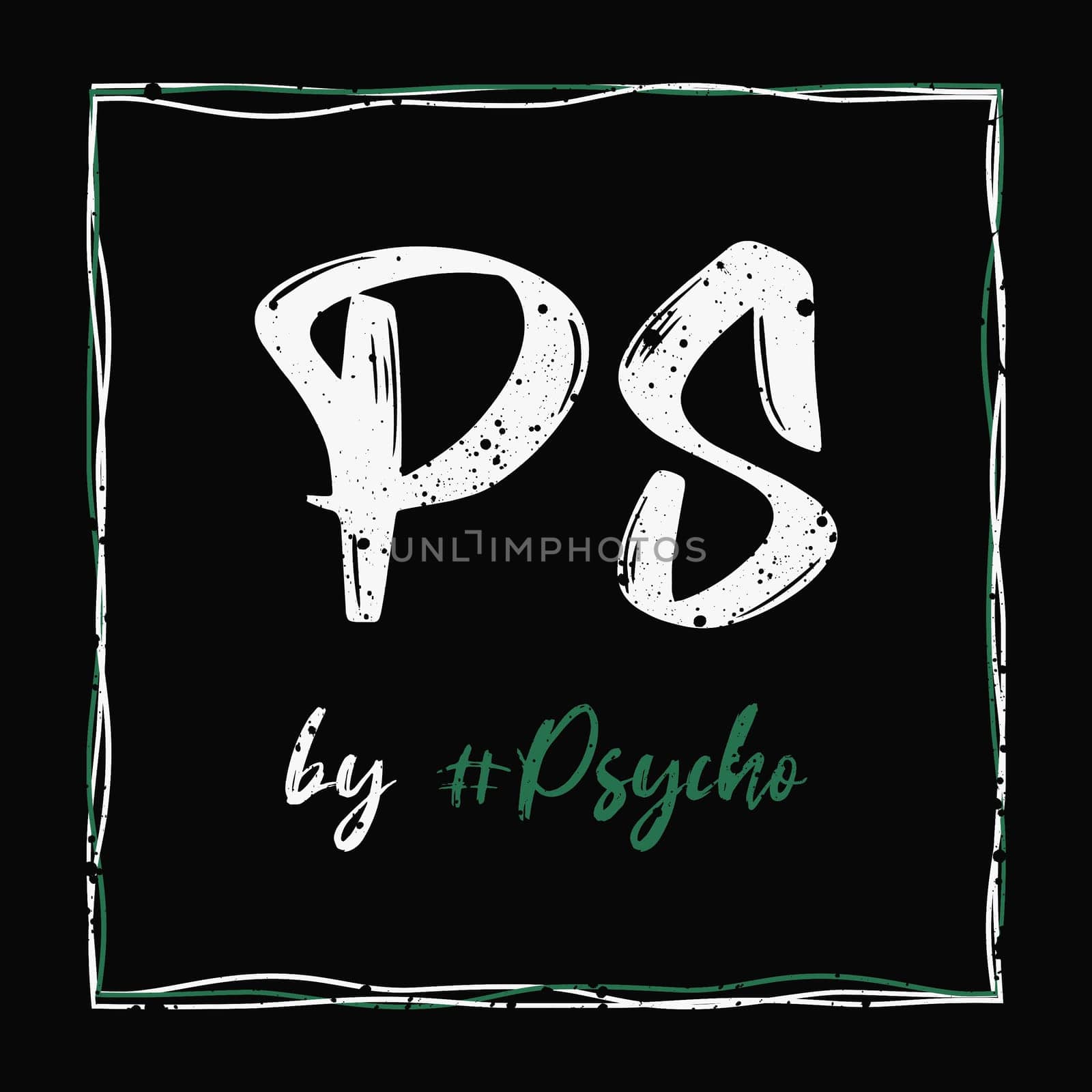 PsychoShadow PS by Psycho logo over dark background. Trendy text art style, typography illustration, messy design, creative hipster interpretation concept.