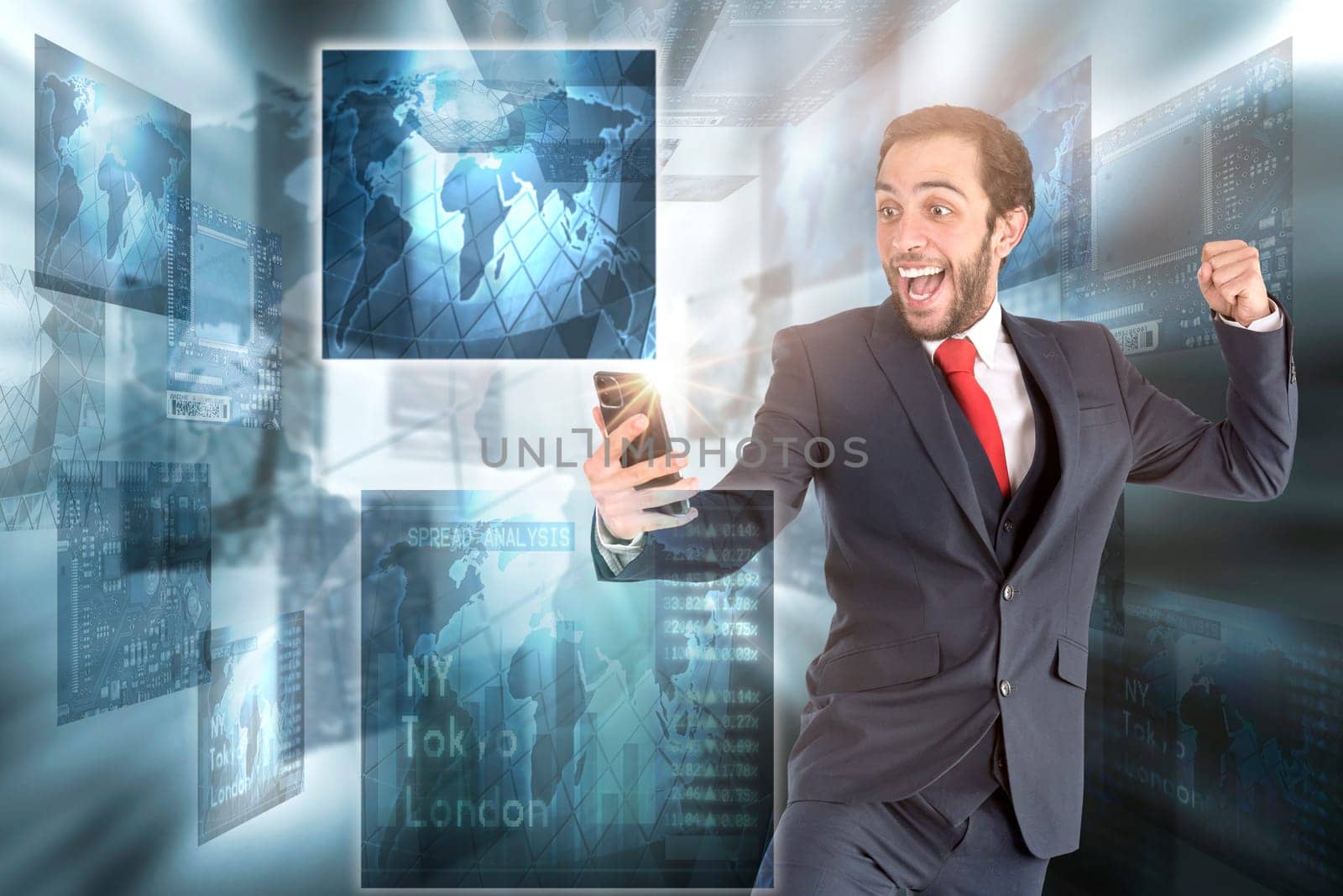 Happy businessman or stock broker with mobile phone