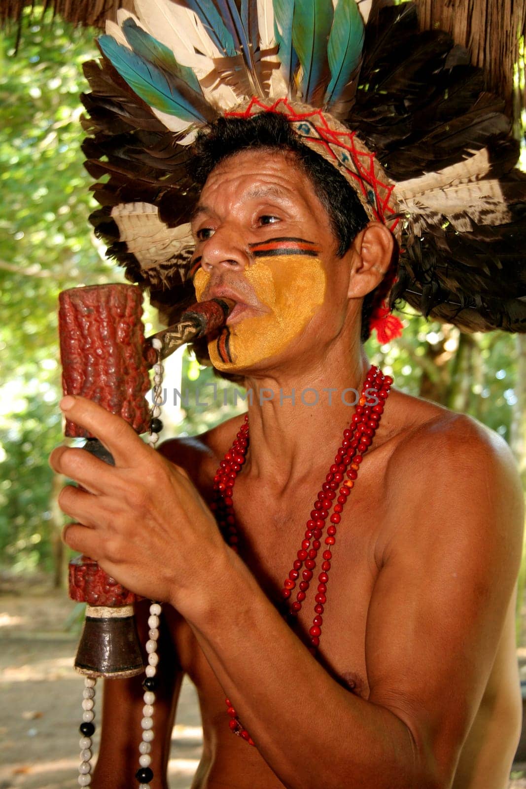 porto seguro, bahia / brazil - april 14, 2009: Pataxo Indians are seen in the village Jaqueira in the city of Porto Seguro, in the south of Bahia..