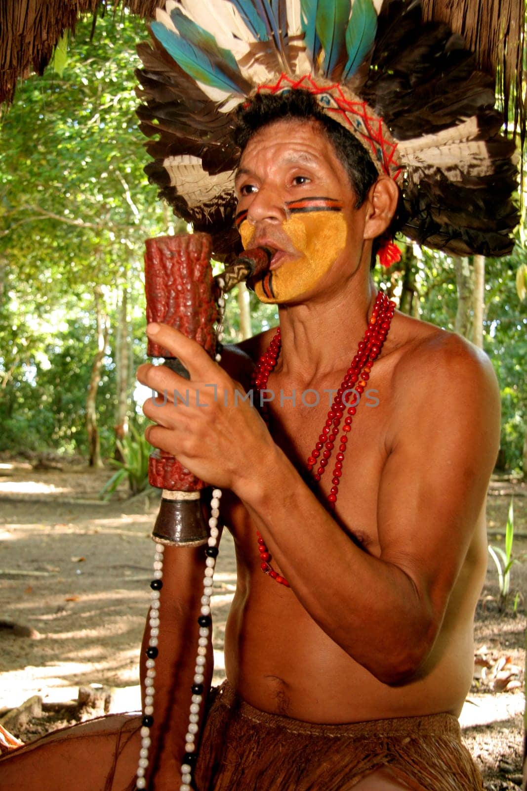 porto seguro, bahia / brazil - april 14, 2009: Pataxo Indians are seen in the village Jaqueira in the city of Porto Seguro, in the south of Bahia..