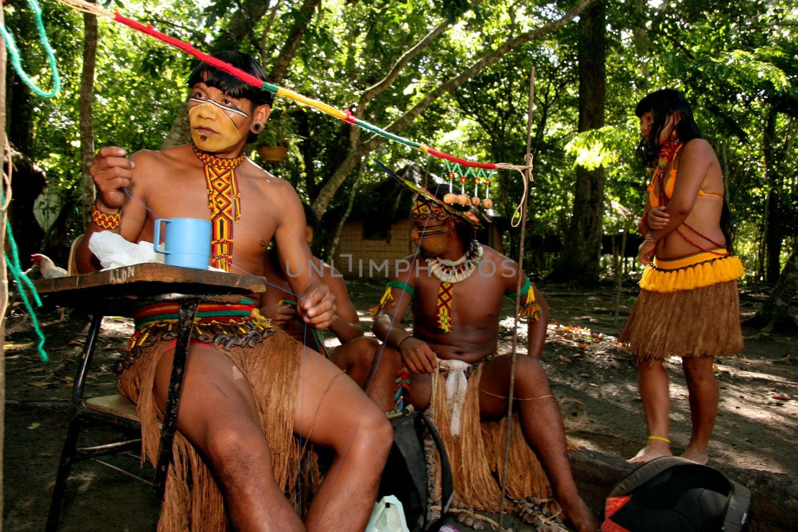 porto seguro, bahia / brazil - april 14, 2009: Pataxo Indians are seen in the village Jaqueira in the city of Porto Seguro, in the south of Bahia..