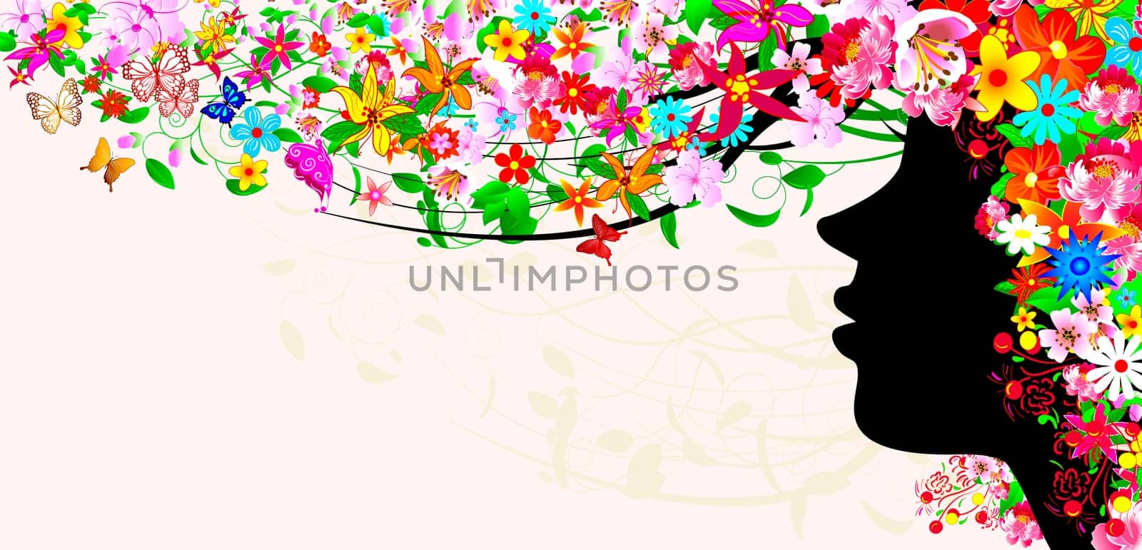 Silhouette of a woman's face among flowers and butterflies. The girl's head is covered with flowers and butterflies. Girl with flowers and butterflies on her head and in her hair.