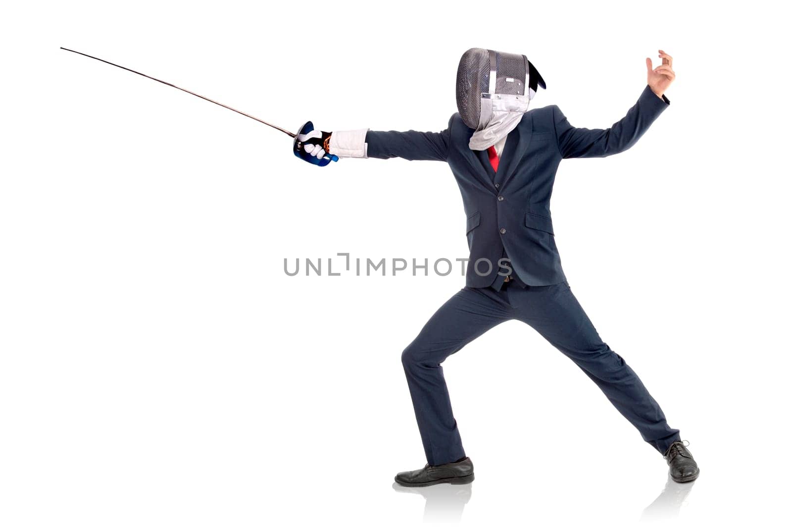 Male fencer businessman, ready for a duel isolated in white background