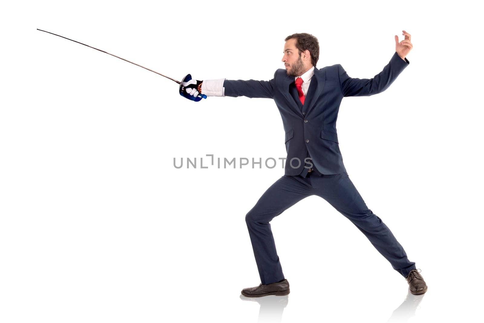 Male fencer businessman, ready for a duel isolated in white background