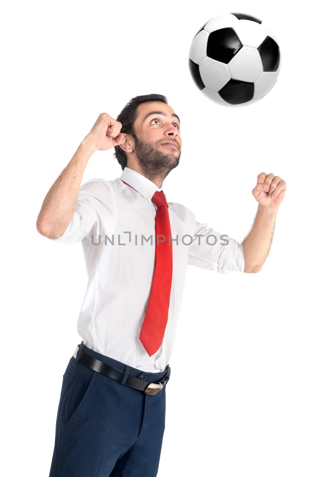 Businessman with soccer ball playing isolated in white