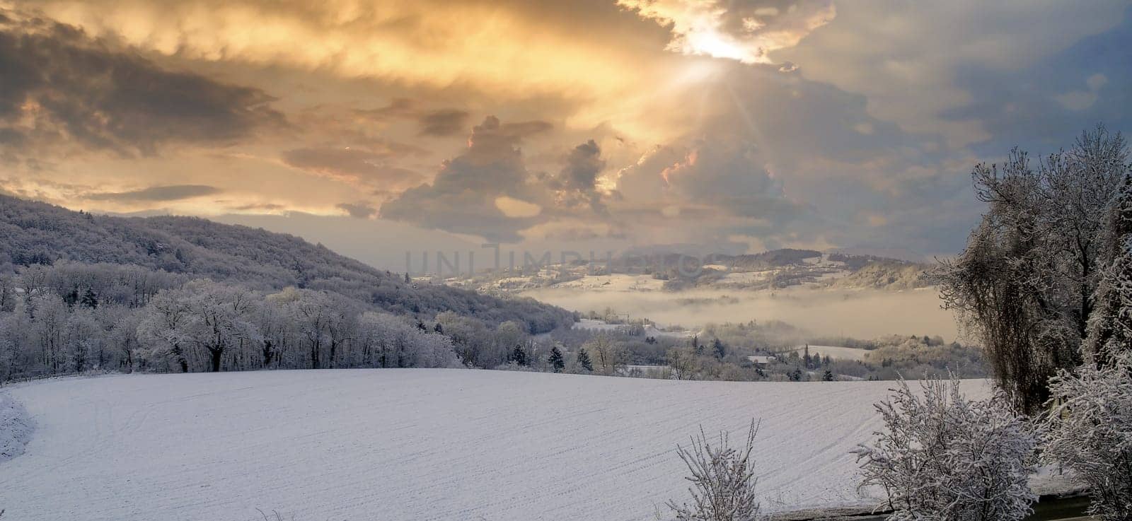 a panorama of snowy landscape in winter