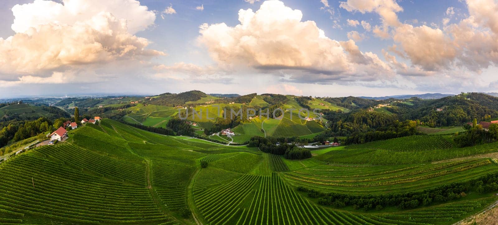 South styria vineyards aerial panorama landscape, near Gamlitz, Austria, Eckberg, Europe. Grape hills view from wine road in spring. Tourist destination, travel spot.