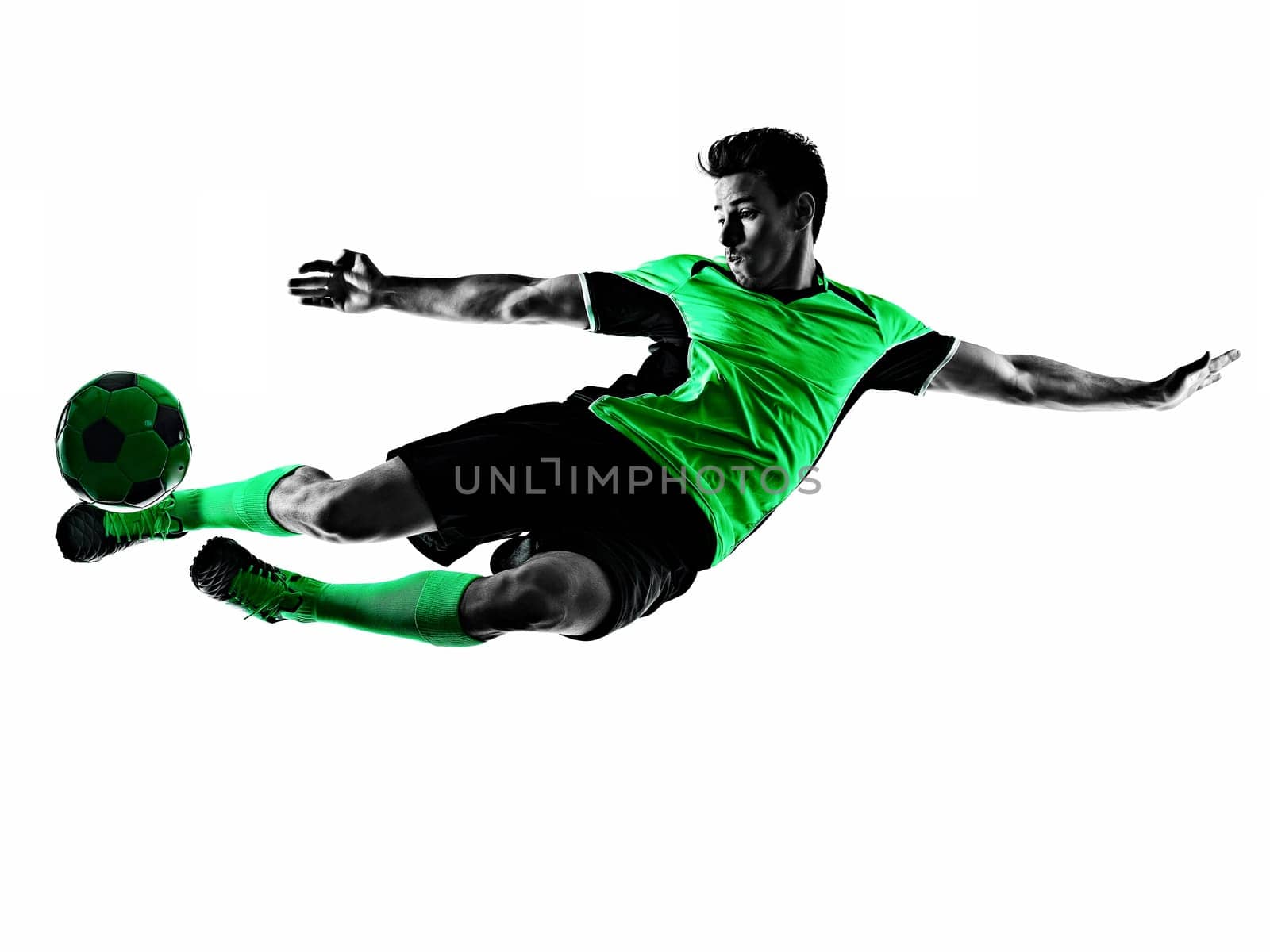 one young caucasian soccer player silhouette shadow in studio isolated on white background