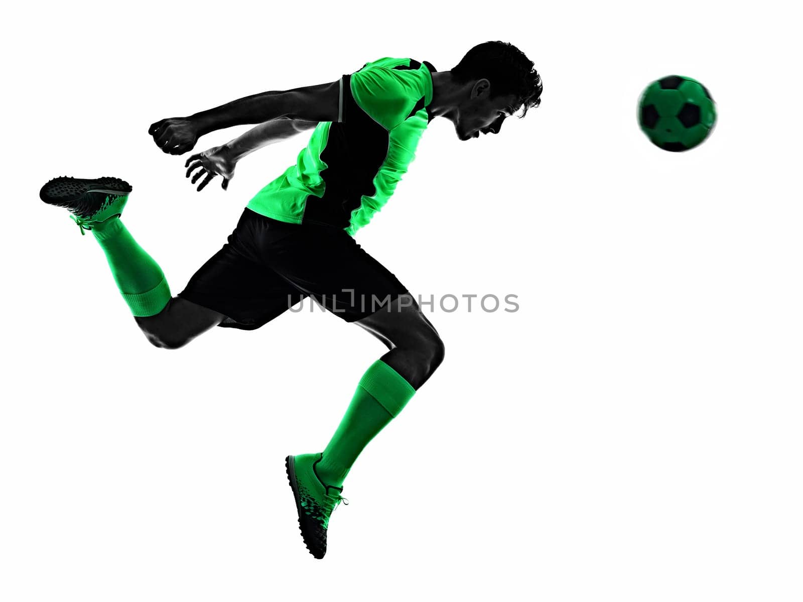 one young caucasian soccer player silhouette shadow in studio isolated on white background