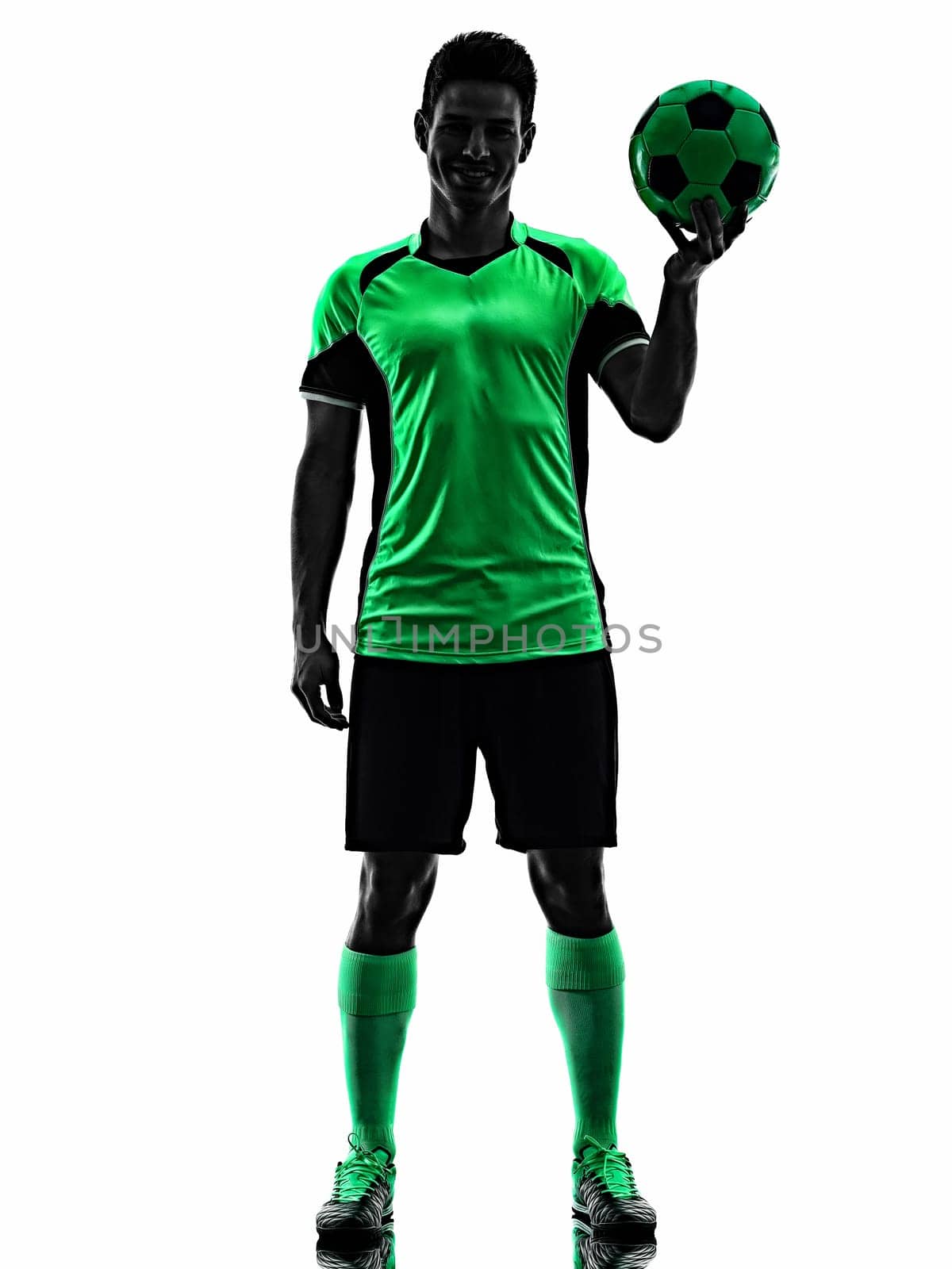 one young caucasian soccer player silhouette shadow in studio isolated on white background