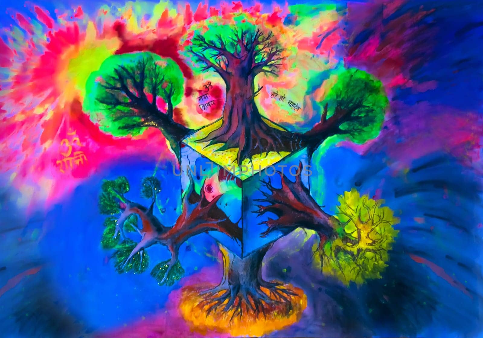 Colorful drawing on fabric by acrylic paints and markers. Psychedelic visionary art of fantastic trees - shot in ultraviolet light.