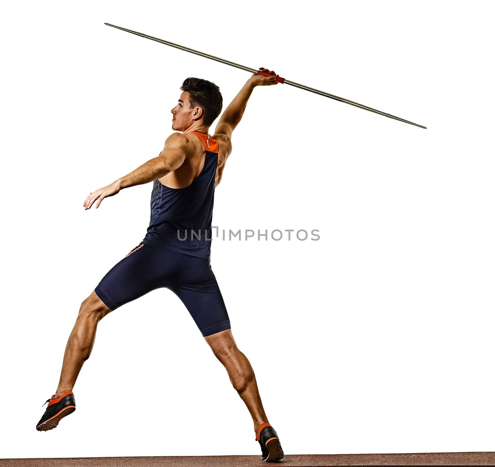 one young caucasian athlete man practicing Javelin athletics in studio isolated on white background