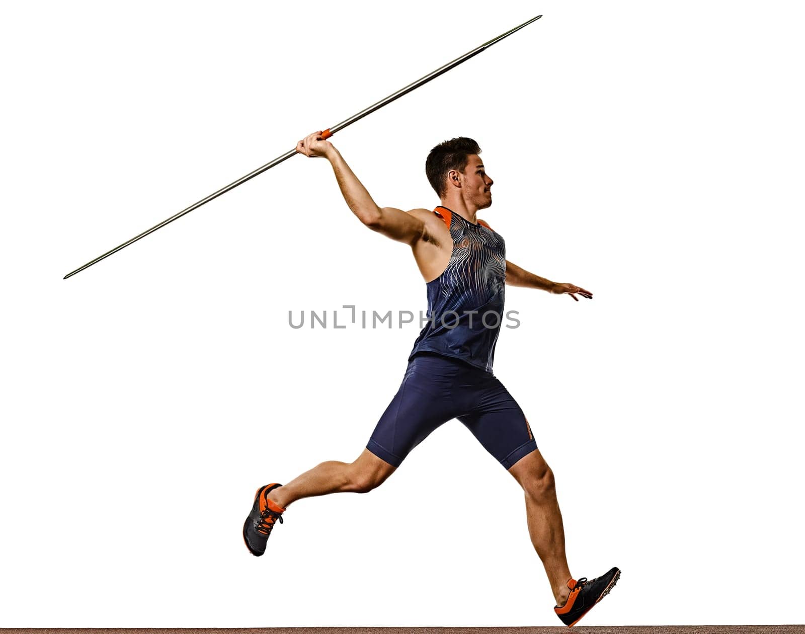 one young caucasian athlete man practicing Javelin athletics in studio isolated on white background