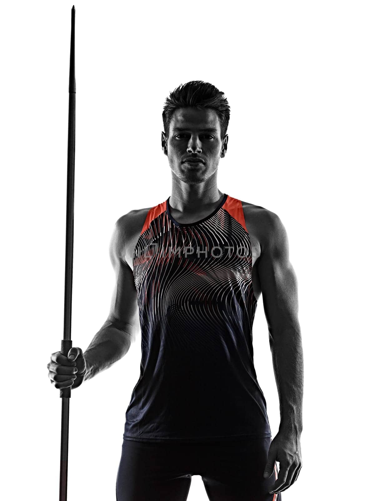 one young caucasian athlete man practicing Javelin athletics in studio isolated on white background