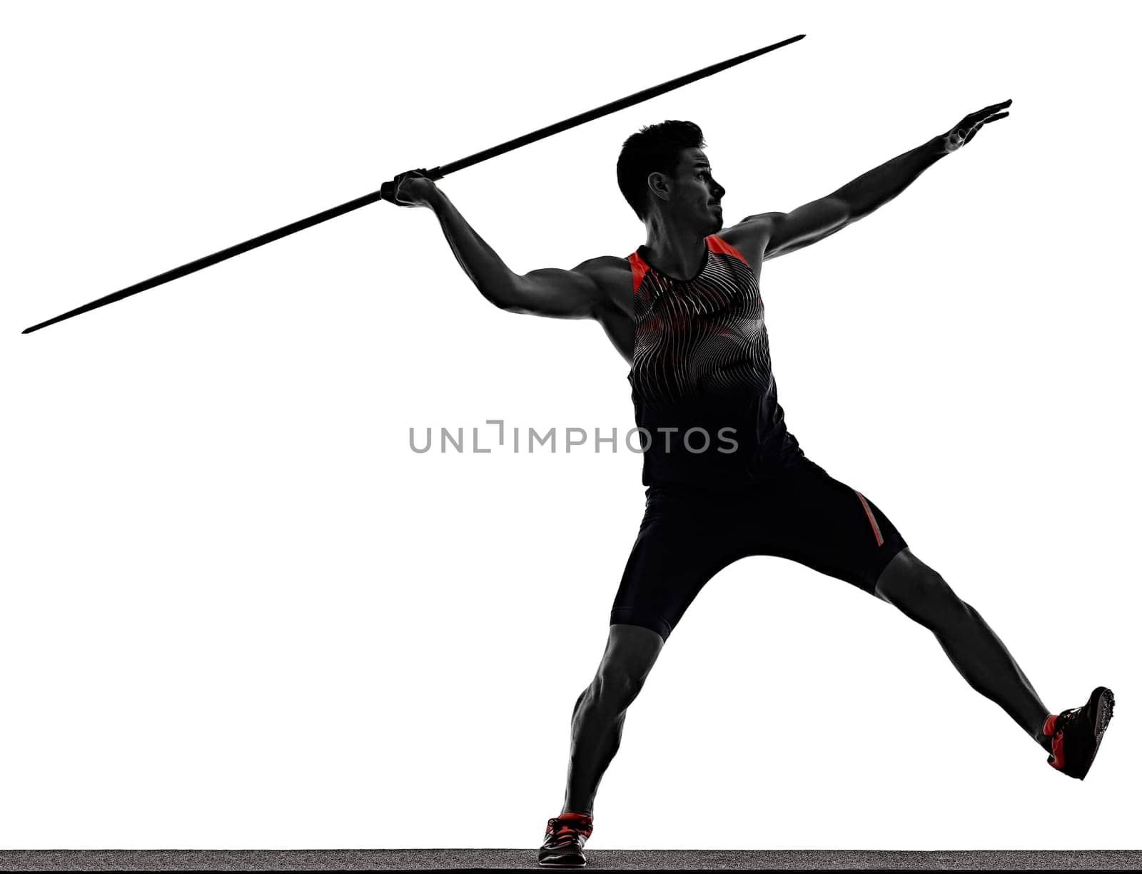 one young caucasian athlete man practicing Javelin athletics in studio isolated on white background