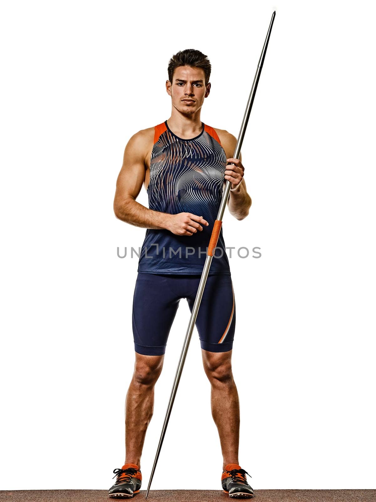 one young caucasian athlete man practicing Javelin athletics in studio isolated on white background