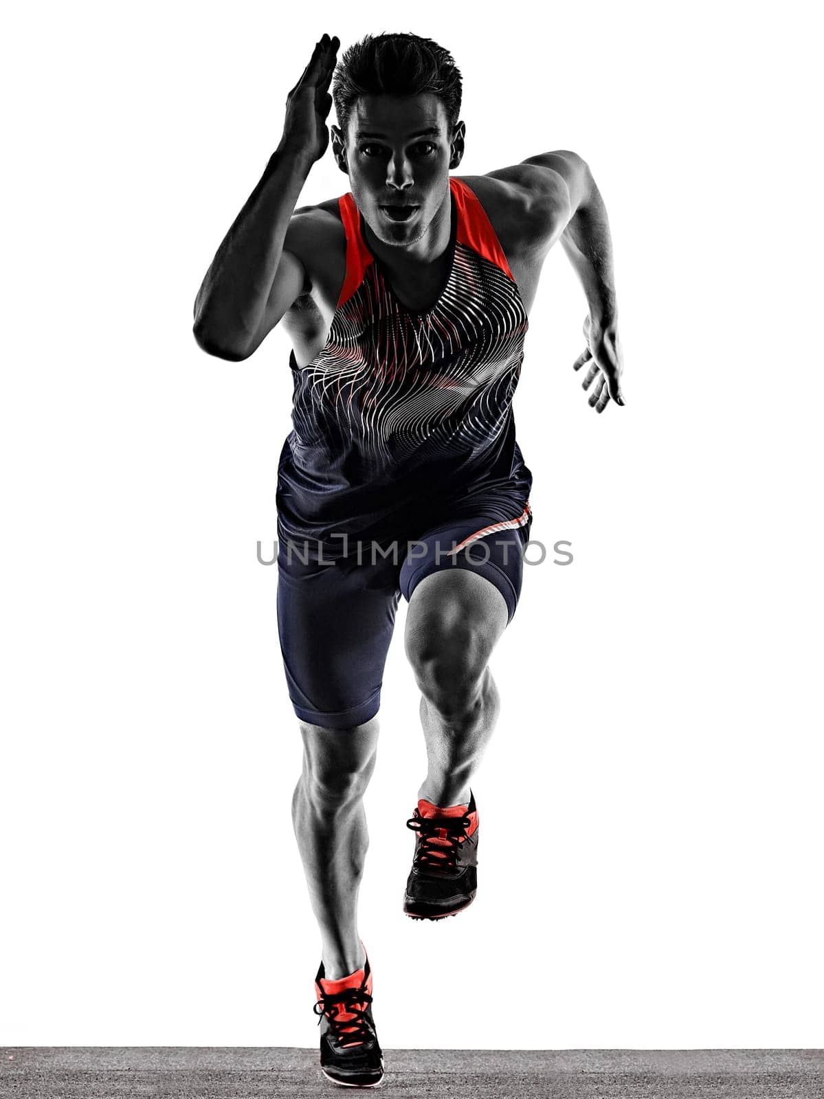 one young caucasian man practicing athletics runner running sprinter sprinting in studio isolated on white background