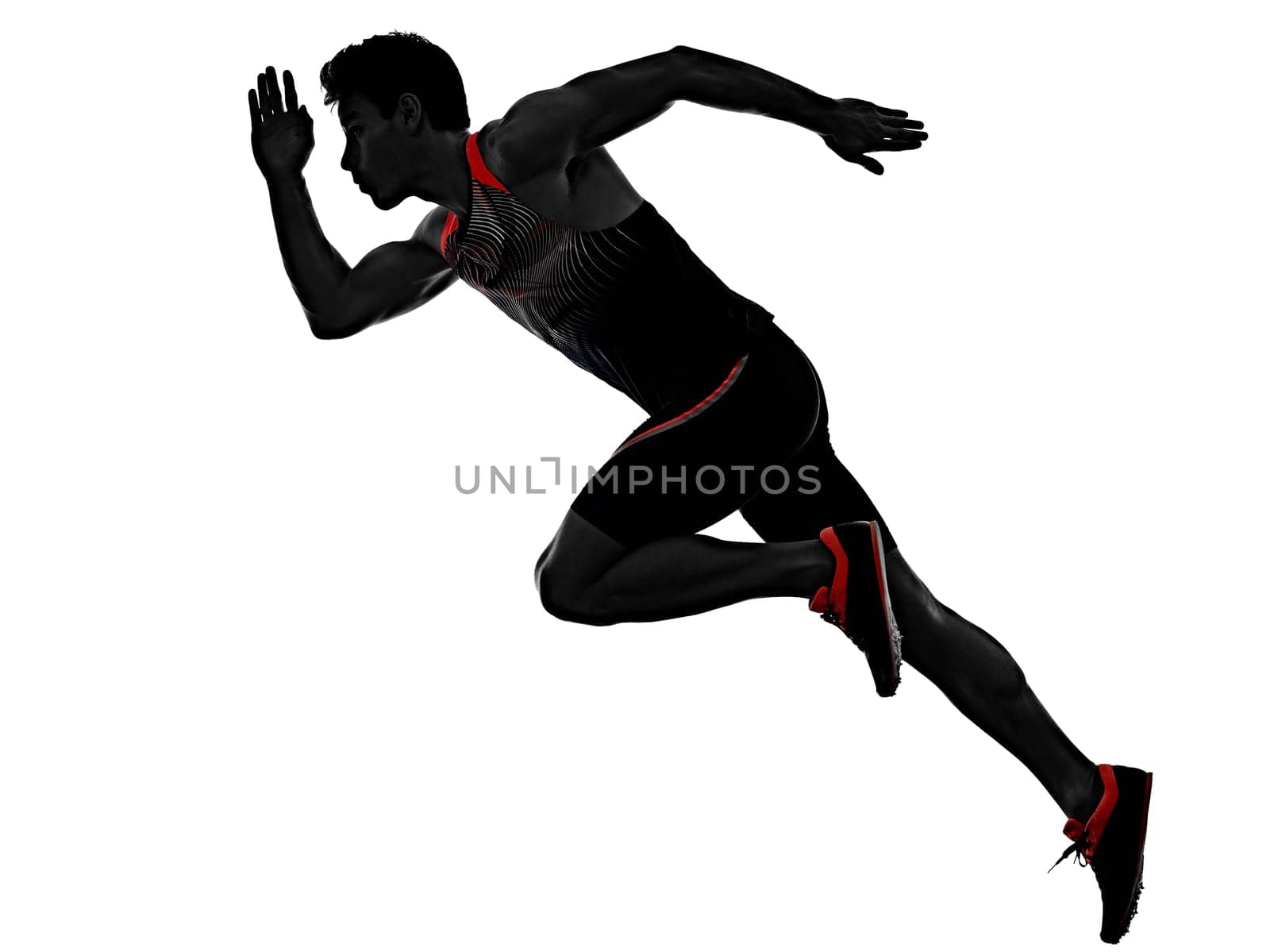 one young caucasian man practicing athletics runner running sprinter sprinting in studio isolated on white background