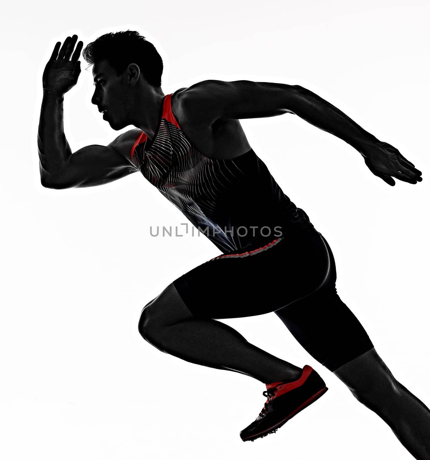one young caucasian man practicing athletics runner running sprinter sprinting in studio isolated on white background