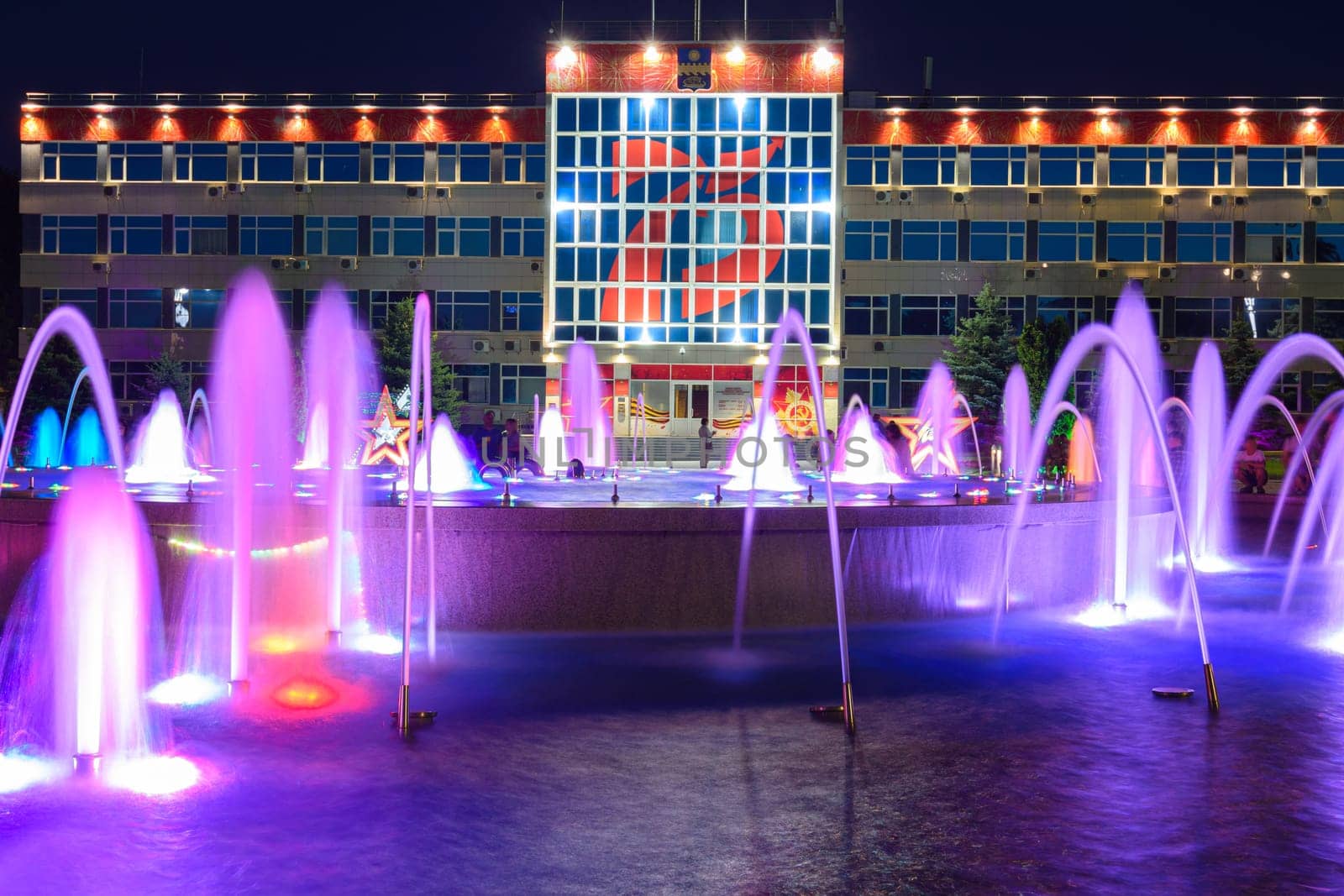 Anapa, Russia - July 17, 2020: The building of the administration of the city of the resort of Anapa decorated in the style of celebration of the 75th anniversary of victory in the great patriotic war