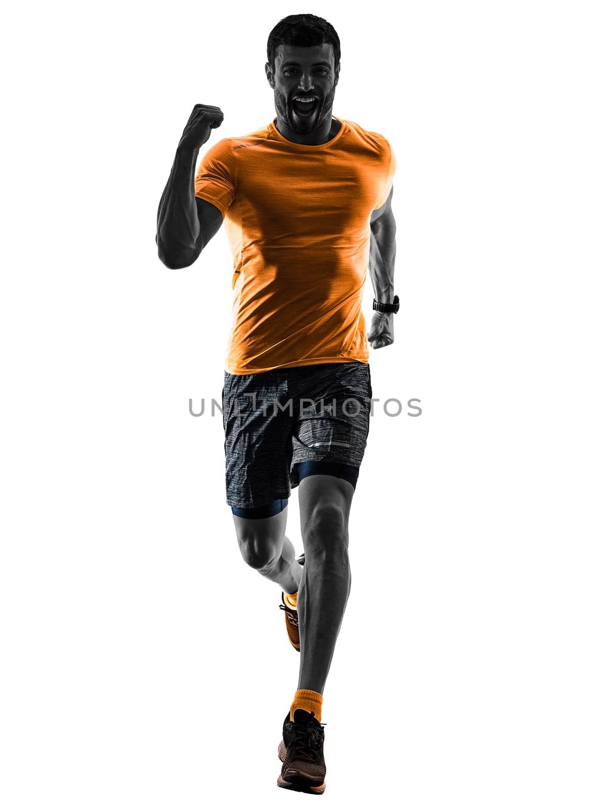 one caucasian man runner running jogging jogger silhouette isolated on white background